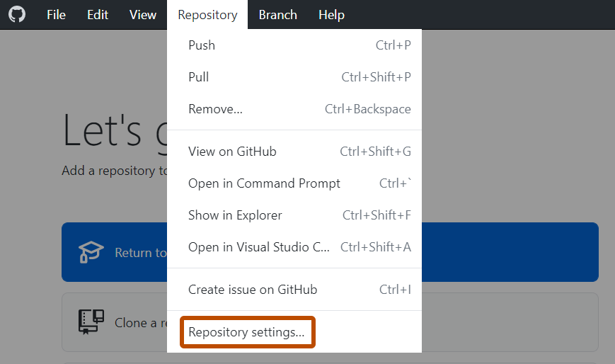 Windows 上的“GitHub Desktop”菜单栏的屏幕截图。 在打开的“仓库”下拉菜单中，以橙色框出了“仓库设置”。