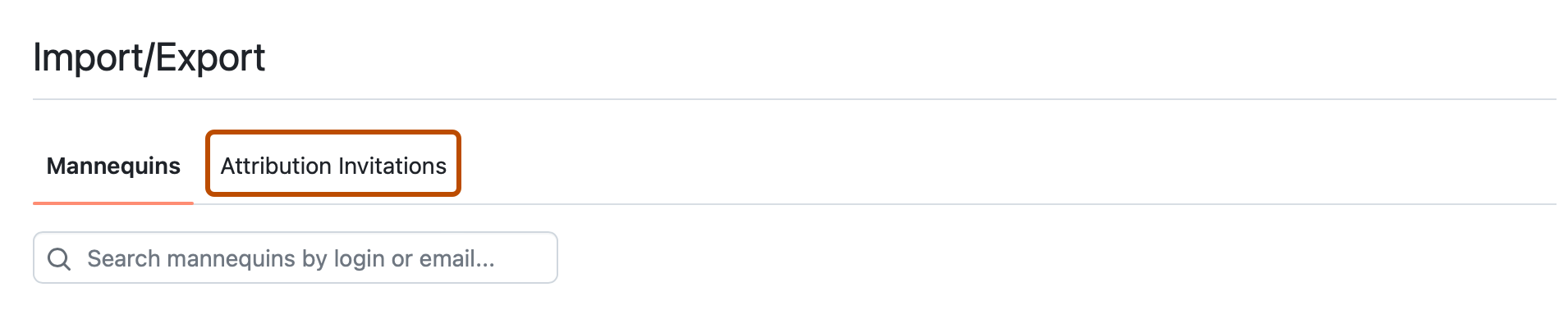 Screenshot of the "Import/Export" page for a repository. A tab, labeled "Attribution Invitations," is outlined in dark orange.