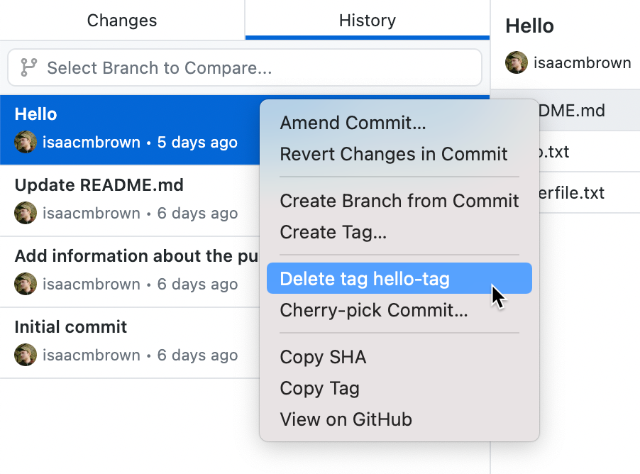 Capture d’écran d’une liste de commits dans l’onglet « Historique ». Le curseur passe sur une option intitulée « Supprimer la balise hello-tag » dans une fenêtre contextuelle.