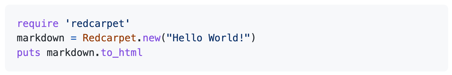 Captura de pantalla de tres líneas de código Ruby tal y como se muestra en GitHub. Los elementos del código se muestran en caracteres morados, azules y rojos para facilitar su lectura.