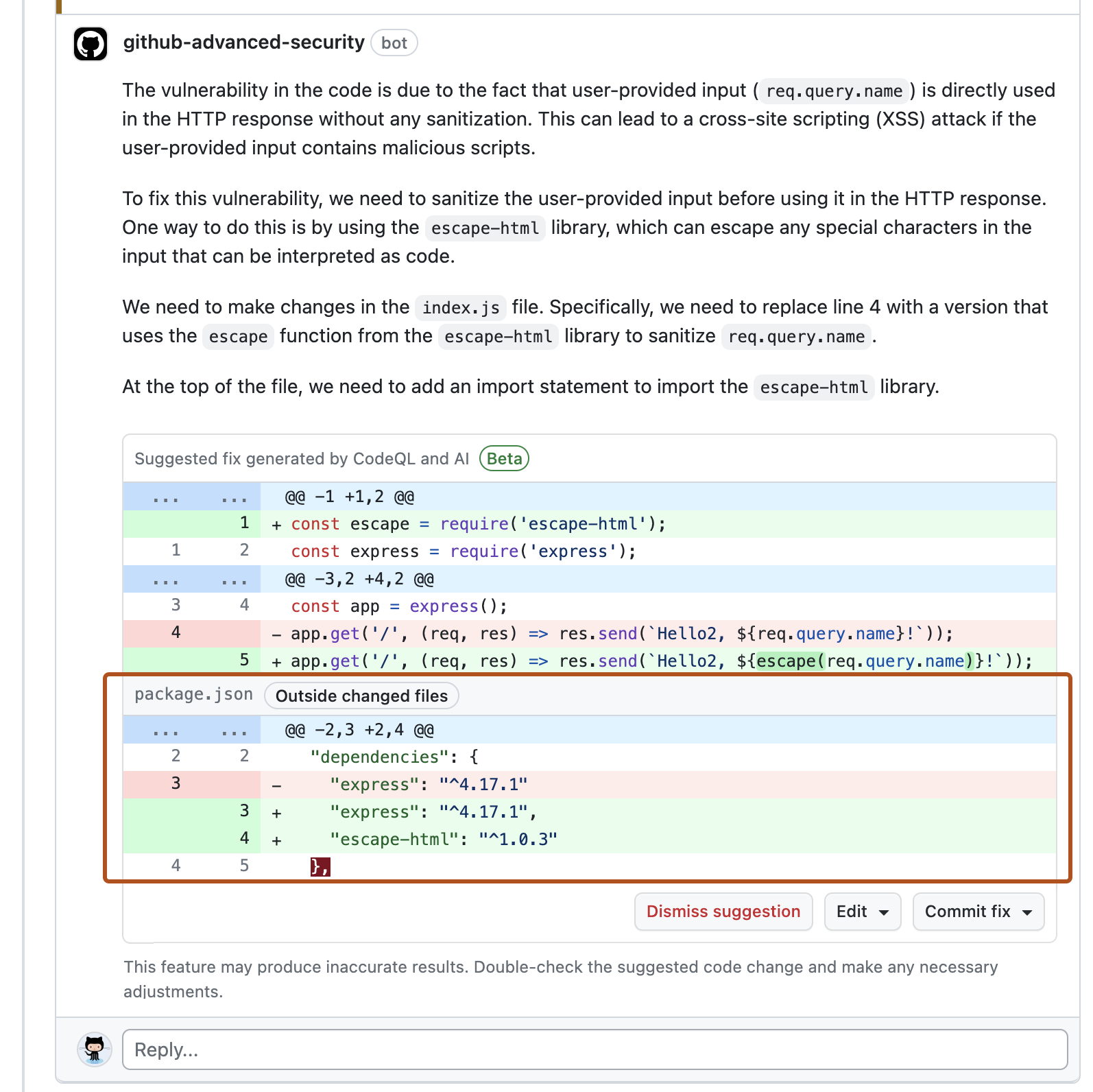 Captura de tela da sugestão do Copilot Autofix para editar o arquivo atual. Uma mudança sugerida em "package.json" é contornada em laranja escuro.