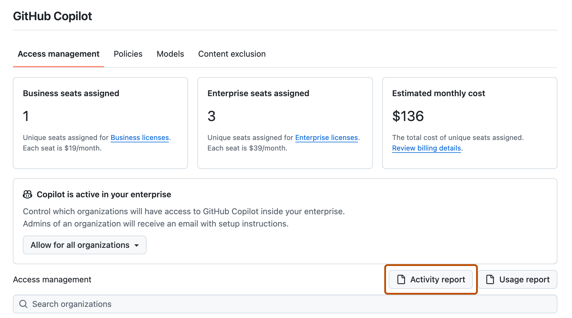 Screenshot of the "Access management" tab in Copilot policies. The "Activity report" button is highlighted with an orange outline.