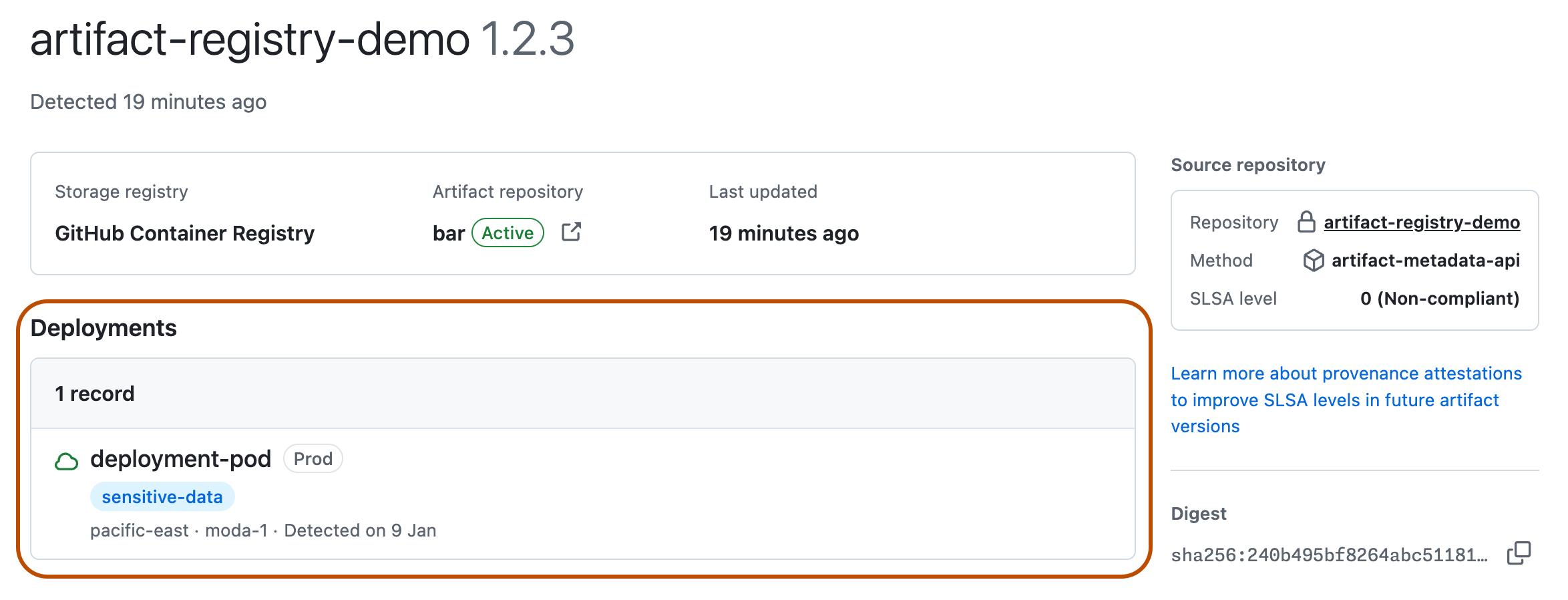 Screenshot of an artifact page. Highlighted fields: the "Deployments" list, including tags for "Prod", "sensitive data", and "pacific-east".