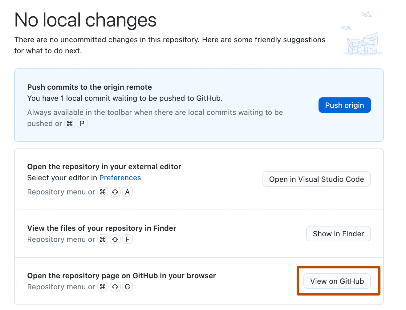 [ローカル変更なし] 画面のスクリーンショット。 候補の一覧にある [GitHub 上で表示] というボタンがオレンジ色の枠線で強調されています。