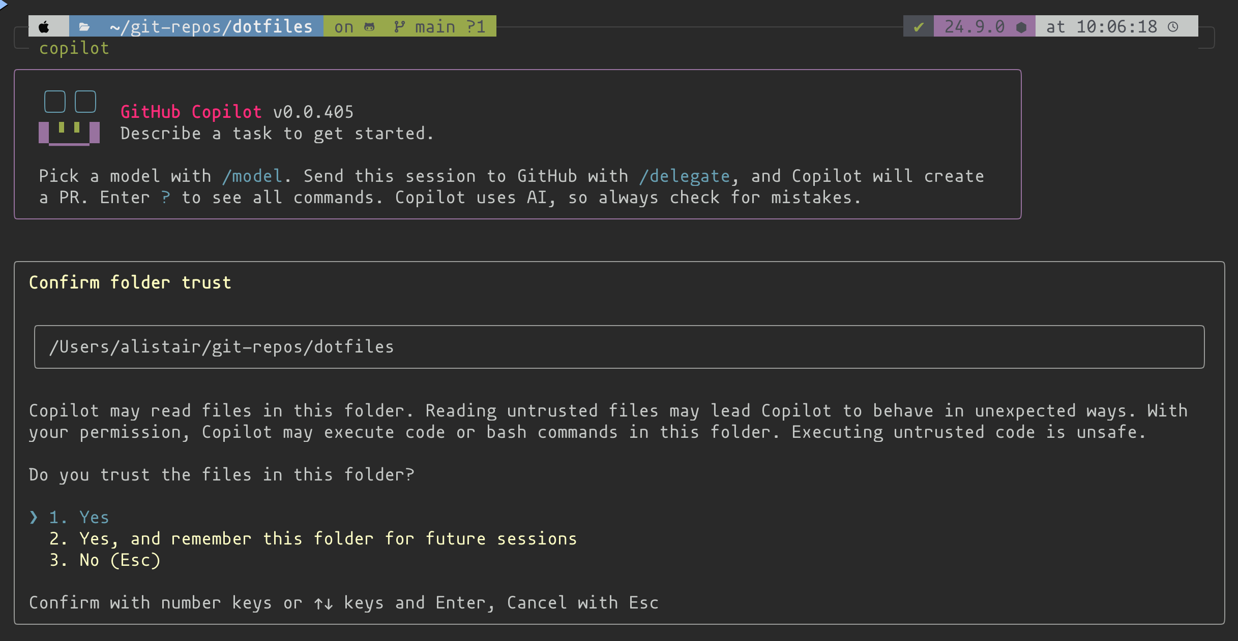 Screenshot of the Welcome message in the interactive interface of Copilot.