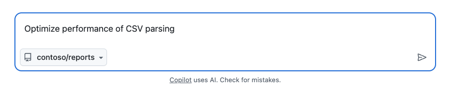 Screenshot of asking Copilot to create a pull request from the Agents page.
