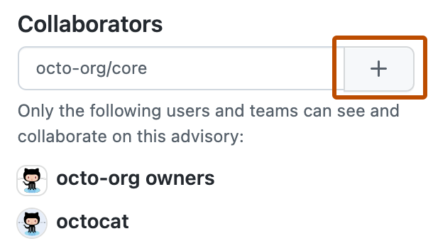 Screenshot of the "Collaborators" area in the sidebar of a draft security advisory. The "Add collaborator" button, a plus icon, is outlined in orange.