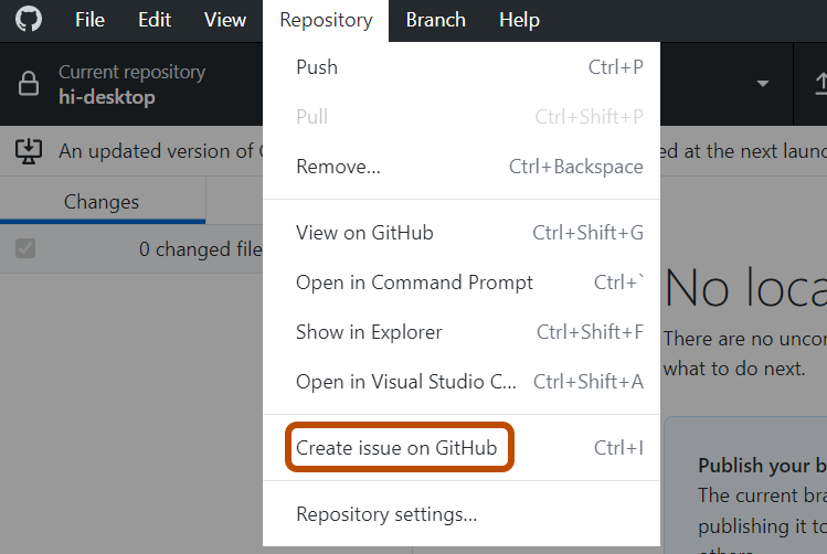 Capture d'écran de la barre de menus « GitHub Desktop » sur Windows. Dans le menu déroulant « Repository », l'option « Create Issue on GitHub » est soulignée en orange.