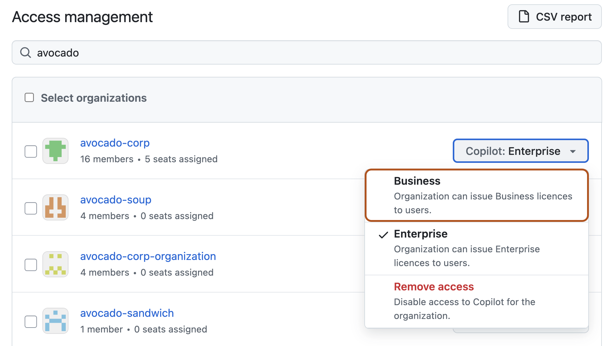 Screenshot of the Copilot "access management" page. A dropdown menu is selected, and a button labeled "Business" is outlined in orange.