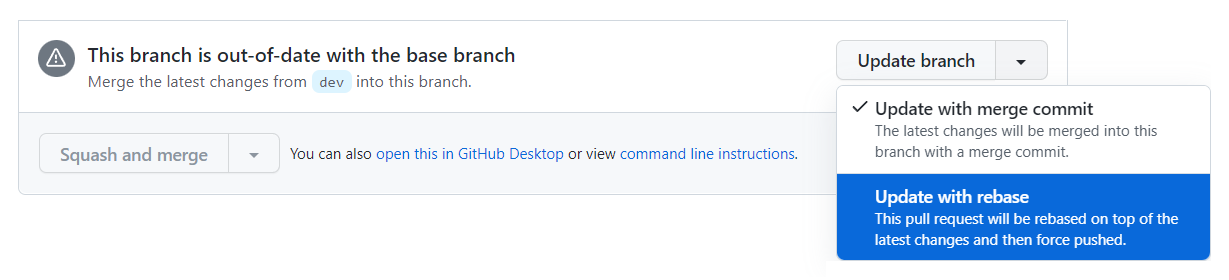 Capture d'écran de la section merge d'une requête de tirage. Le menu déroulant est développé et affiche les options « Mettre à jour avec commit de fusion » et « Mettre à jour avec rebasage ».