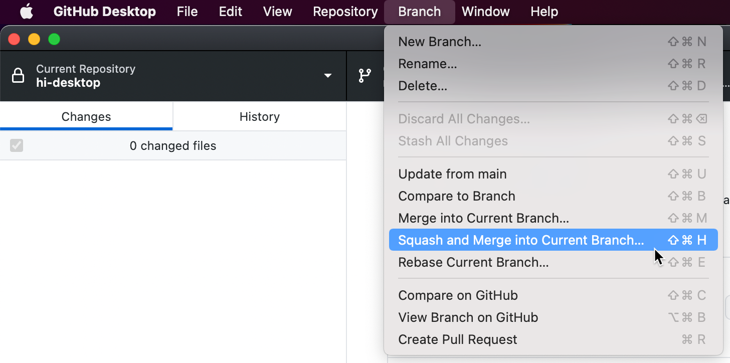 Captura de tela da barra de menus no Mac. No menu suspenso "Branch" expandido, o cursor passa sobre a opção "Squash and Merge into Current Branch".