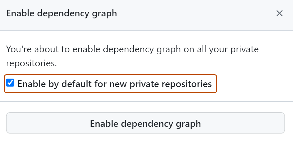 Screenshot: Modales Dialogfeld „Enable FEATURE“ mit dunkelorange hervorgehobener Option „Enable by default for new private repositories“