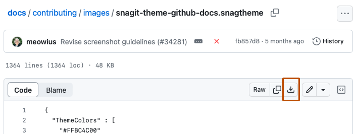 Captura de pantalla de la vista de archivo para "snagit-theme-github-docs.snagtheme". En el encabezado del archivo, un botón con un icono de descarga está resaltado con un contorno naranja.