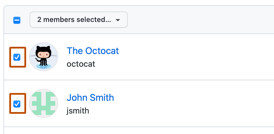 Organization メンバーの一覧の最初の 2 ユーザーのスクリーンショット。 各メンバーの左側でチェックボックスにチェックマークが入っており、濃いオレンジ色の枠線で強調表示されています。