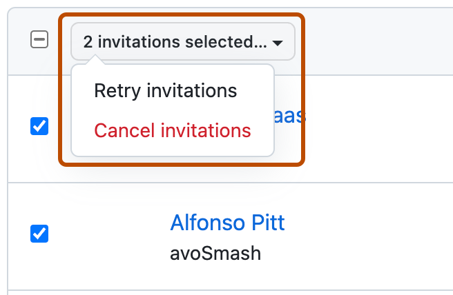 Screenshot of the list of failed invitations. The dropdown menu above the list, labeled "2 invitations selected" is outlined.