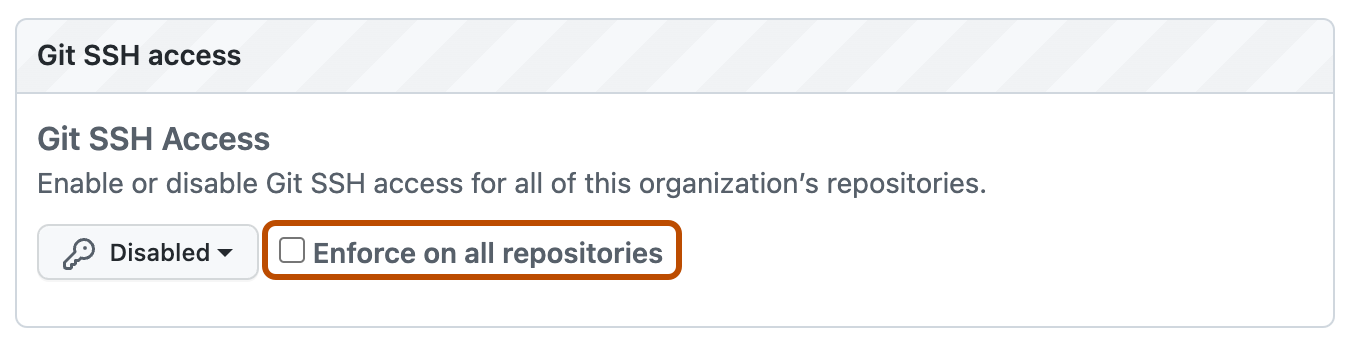 Screenshot of the "Git SSH access" section of the site admin page for an organization. The "Enforce on all repositories" checkbox is outlined.