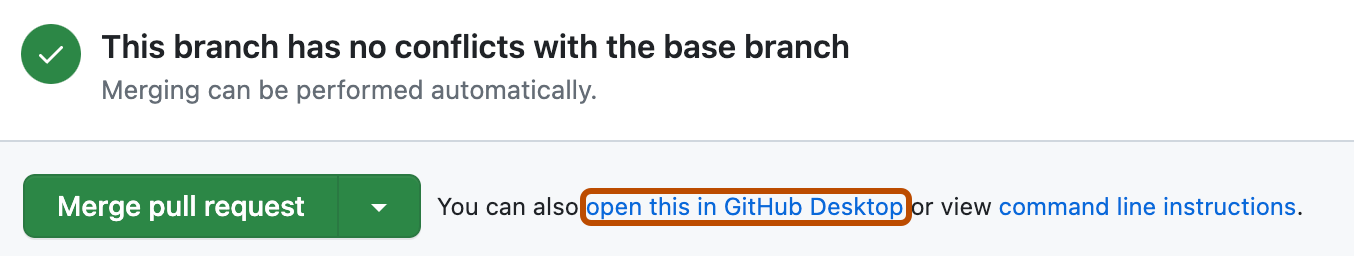 Screenshot des Abschnitts „Mergenachrichten“ auf einer Pull-Request-Seite. Ein Link mit der Bezeichnung „In GitHub Desktop öffnen“ ist orange umrandet.