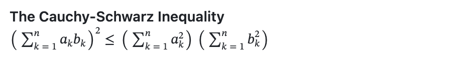 Capture d'écran d'un rendu Markdown montrant une équation complexe. Le texte en gras indique « L'inégalité de Cauchy-Schwarz » au-dessus de la formule de l'inégalité.