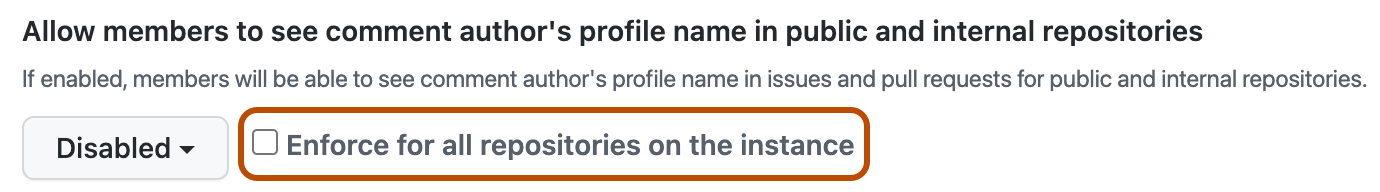 Screenshot of the policy option for the display of member names in your repositories. The "Enforce on all repositories" checkbox is outlined.