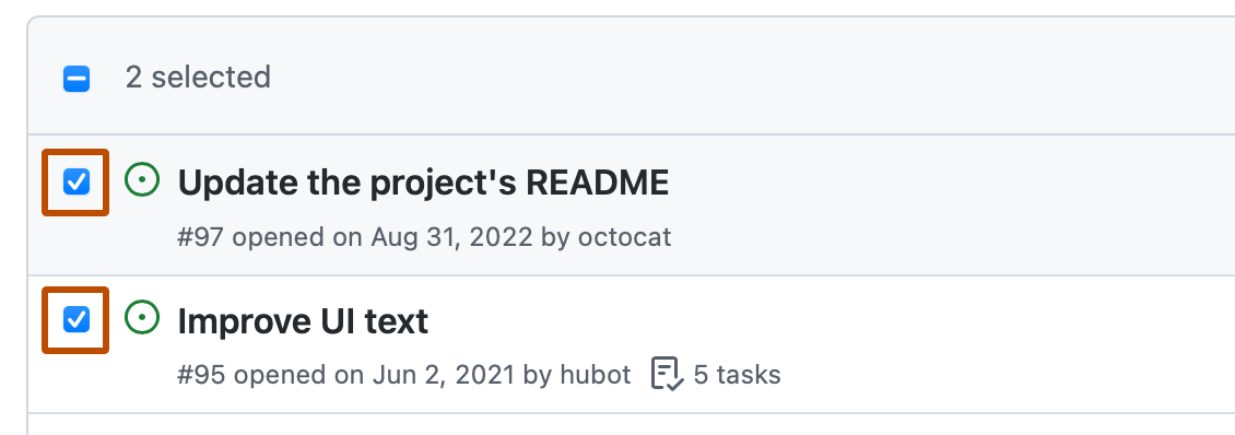 Screenshot der ersten beiden Elemente in einer Issueliste. Links neben jedem Issue ist ein Kontrollkästchen aktiviert und dunkelorange umrandet.