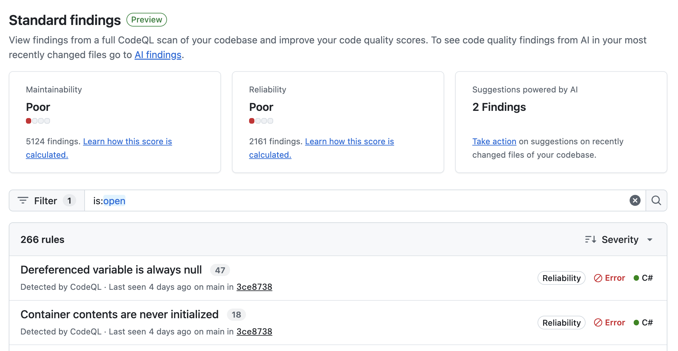 Screenshot of code quality ratings in the "Standard findings" view for Code Quality.