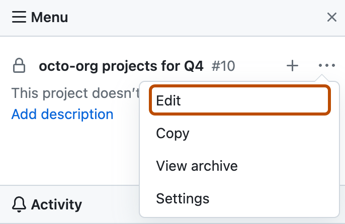 Capture d’écran montrant le menu du projet. L’option de modification est mise en évidence avec un encadré orange.