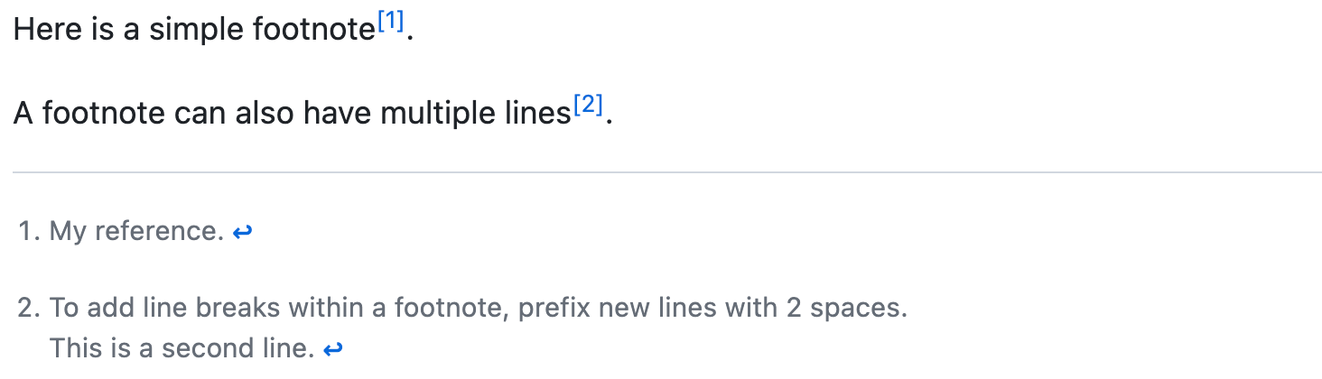 脚注を示すために使われる上付き数字と、ノート内のオプションの改行を示す、Markdown をレンダリングしたスクリーンショット。