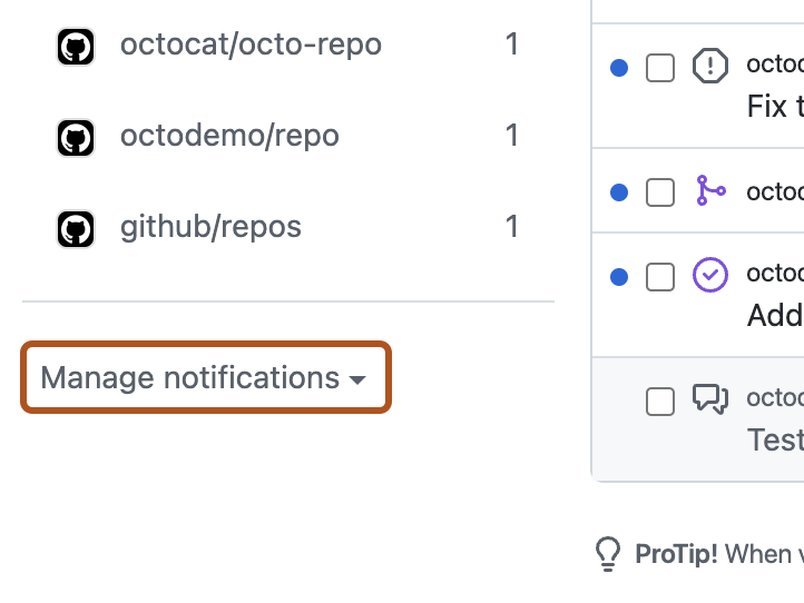 Captura de pantalla de la página "Notificaciones". Un menú desplegable, con el título "Administrar notificaciones", aparece resaltado con un contorno naranja.