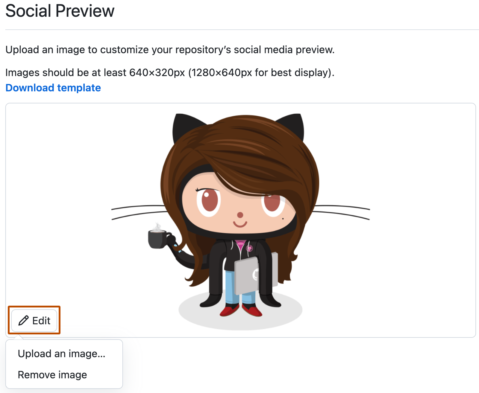 Screenshot of the "Social Preview" section. The "Edit" button is outlined in orange. The upload and remove an image options are shown.