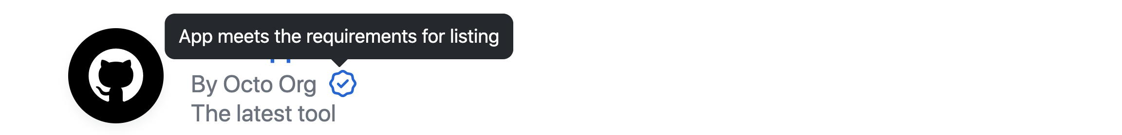 Screenshot of a marketplace badge for a GitHub App. The cursor hovers over an icon with the tooltip "App meets the requirements for listing."