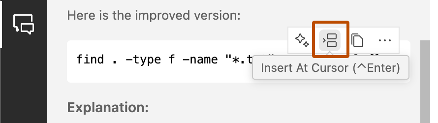 Captura de pantalla del icono "Insertar en cursor" del panel de Copilot Chat.