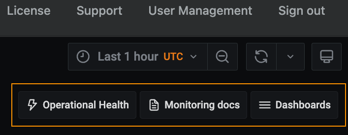 Captura de pantalla del encabezado de la Consola de administración. Los vínculos de navegación del panel que se proporcionan en la parte superior derecha están resaltados en naranja.