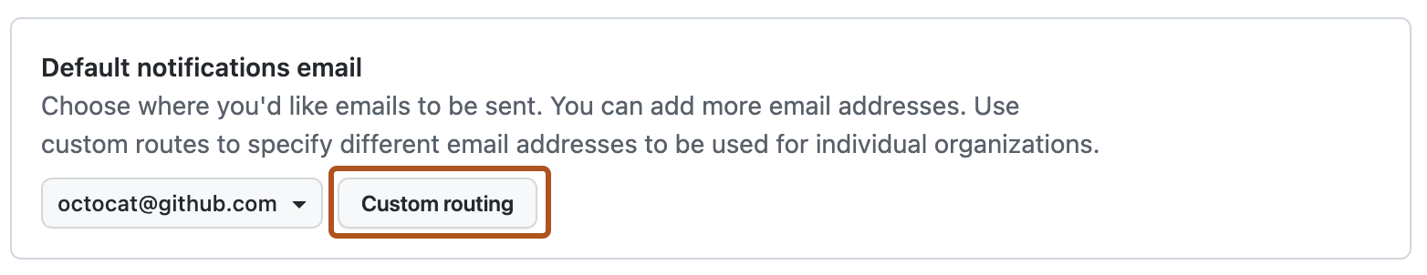 “默认通知电子邮件”部分的屏幕截图。 标有“自定义路由”的按钮以橙色轮廓突出显示。