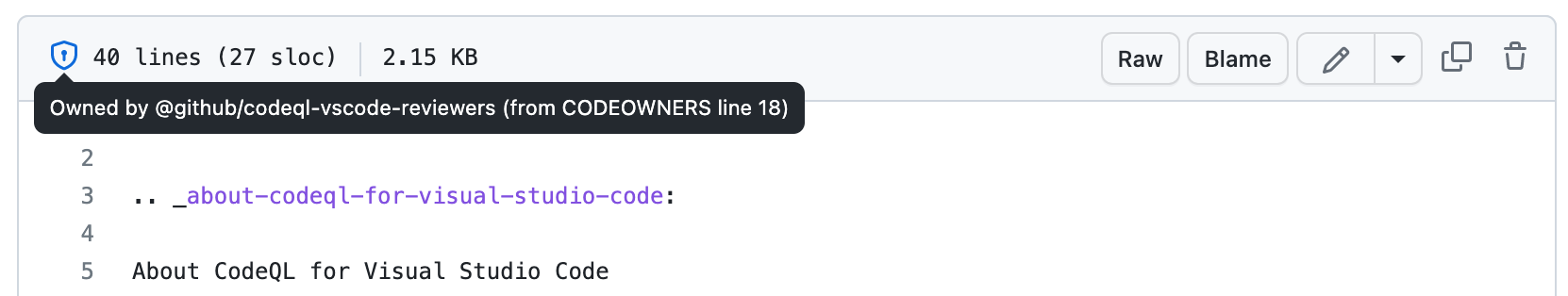 Screenshot showing the header for a file. The cursor hovers over a shield icon with the tooltip "Owned by USER or TEAM (from CODEOWNERS line NUMBER)."