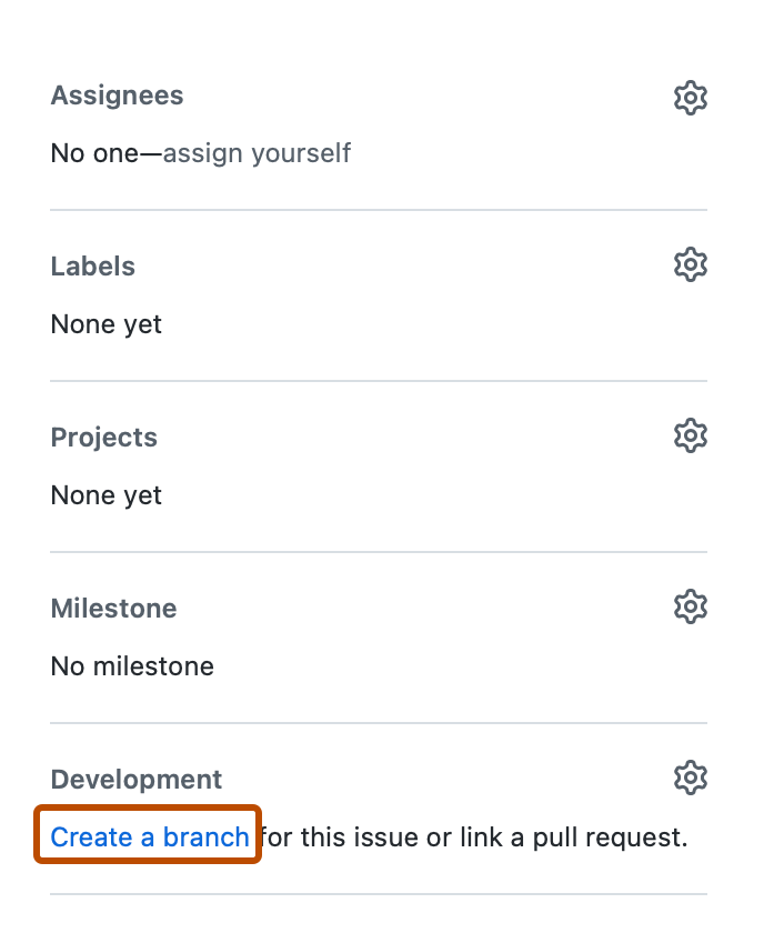 问题边栏的屏幕截图。 在“开发”部分中，标记为“创建分支”的链接以深橙色突出显示。