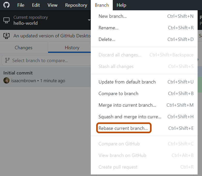 Captura de tela da barra de menus "GitHub Desktop" no Windows. No menu suspenso "Branch", a opção "Rebase Current Branch" está contornada em laranja.