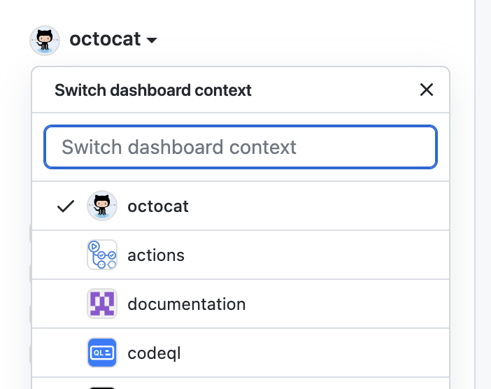 개인 계정에 대한 "Switch dashboard context" 메뉴의 스크린샷 메뉴에는 개인 계정에 연결된 조직이 나열됩니다.