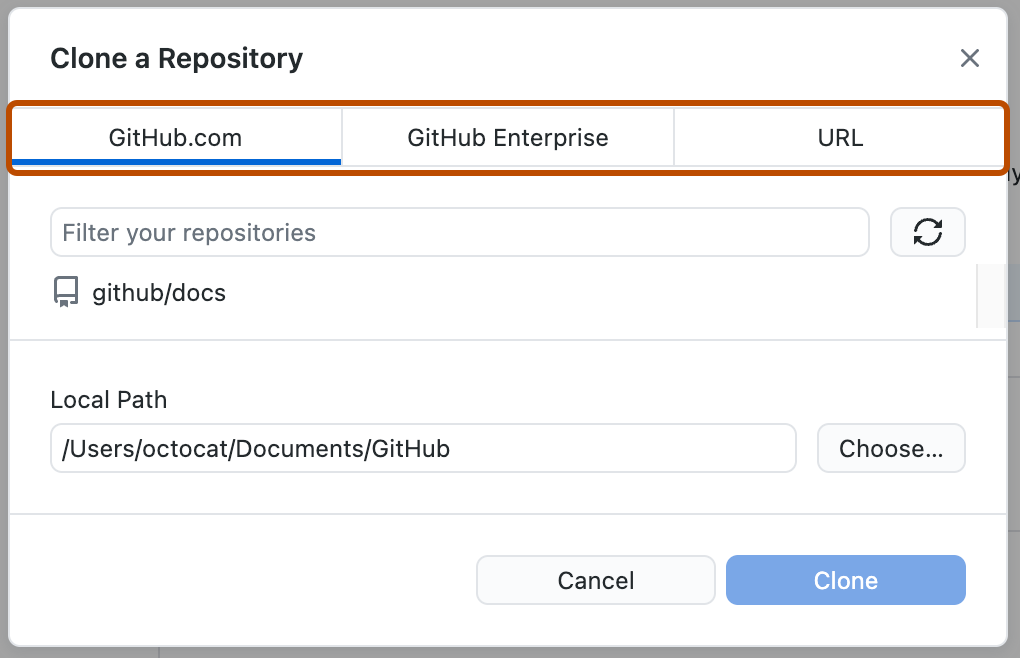 Captura de pantalla de la ventana "Clonar un repositorio". En la parte superior de la ventana, las pestañas "GitHub.com", "GitHub Enterprise" y "URL" se resaltan en naranja.