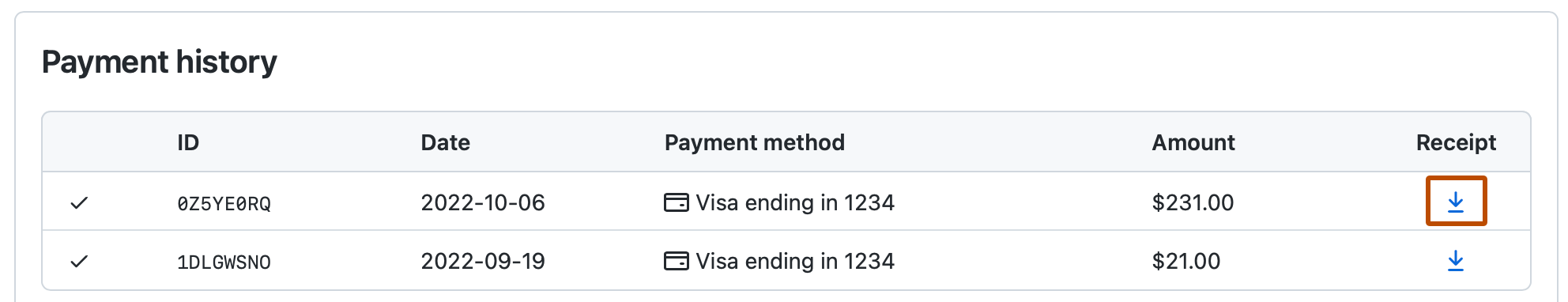 Screenshot of the "Payment history" section on the billing page. A download icon is highlighted with an orange outline.