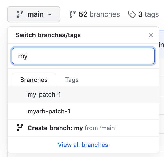 Capture d’écran du menu déroulant des branches dans la page principale d’un dépôt.