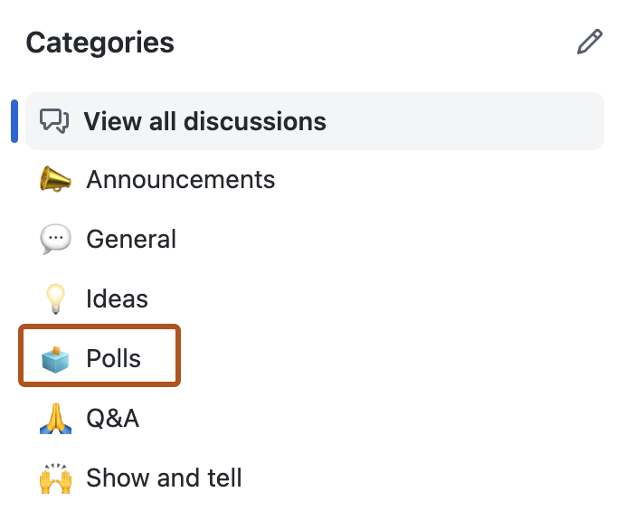 Captura de tela da seção de categorias na guia "Discussões". A categoria "Votação" é descrita em laranja escuro.