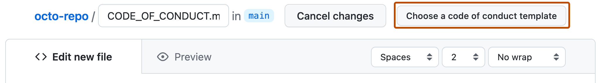 Screenshot of a repository showing a new markdown file. A button at right, labeled "Choose a code of conduct template," is outlined in orange.