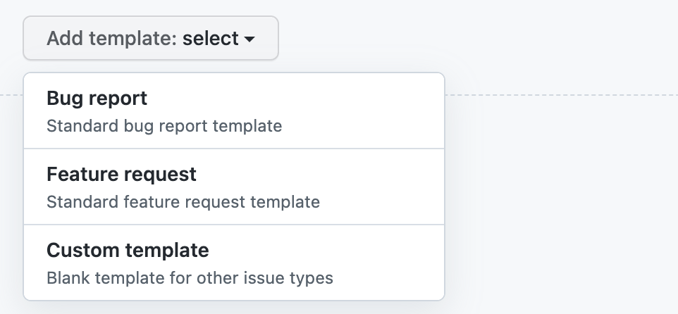 Screenshot of the "Add template" dropdown menu expanded to show standard templates, "Bug report" and "Feature request," with a "Custom template".