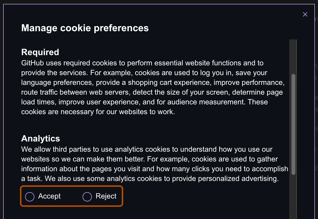 Screenshot: Dialogfeld „Manage cookie preferences“. Unter „Analytics“ werden zwei Optionsfelder mit den Bezeichnungen „Accept“ und „Reject“ hervorgehoben.