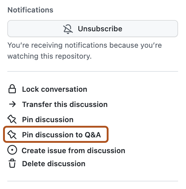 Captura de tela da barra lateral direita de uma discussão. A opção "Fixar discussão no Q&A" está contornada em laranja escuro.