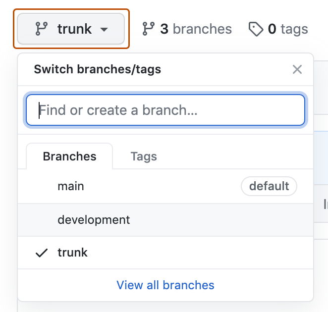 Screenshot: Erweitertes Dropdownmenü „Branch“ mit verschiedenen Branches. Das Dropdownmenü „Trunk“, das mit einem Branchsymbol angezeigt wird, ist orange umrandet.