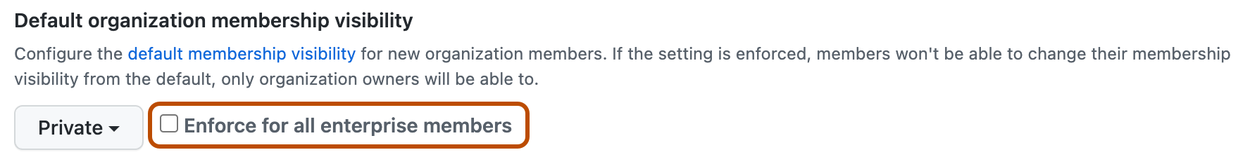 Captura de tela da seção "Default organization membership visibility". A caixa de seleção "Enforce for all enterprise members" está contornada.