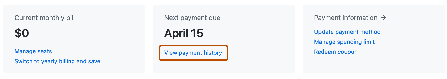 Screenshot des oberen Abschnitts der Seite mit den Abrechnungseinstellungen. Im Feld „Next payment due“ ist der Link „View payment history“ orange umrandet.