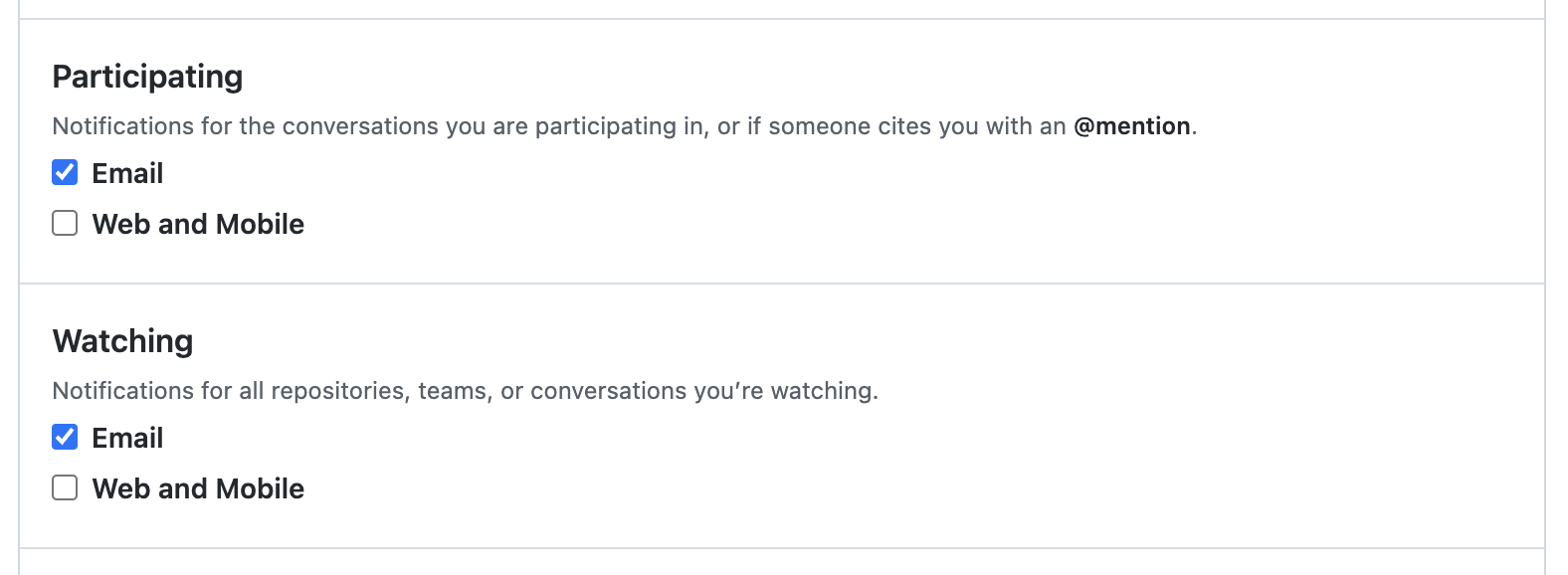 Screenshot of the "Notification settings" page. "Participating" and "Watching" each have two checkbox options: "Email" and "Web and Mobile".