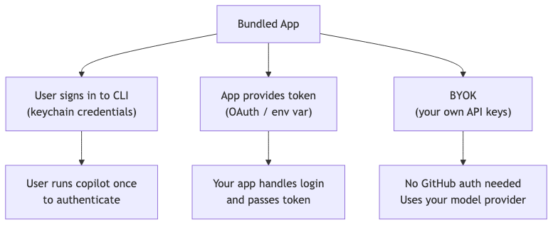Diagram showing authentication options for a bundled CLI: signed-in credentials, app-provided token, or BYOK.